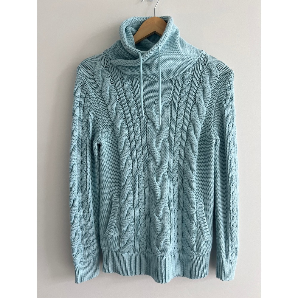 NWT L.L. Bean Double L Cable Funnel Neck Sweater Women S Mist Blue Cotton 513958